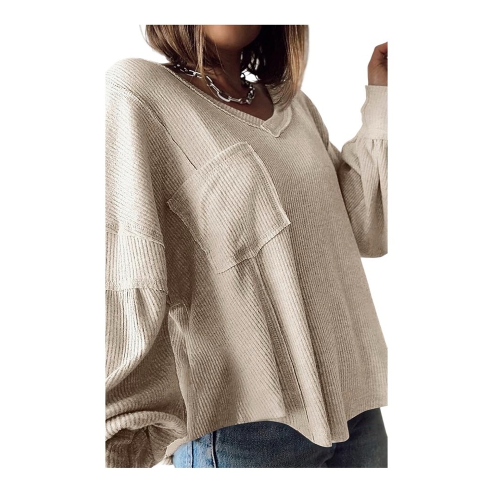 BTFBM Ribbed V-Neck Balloon Sleeve Tunic Top Beige Size L - Picture 4 of 10